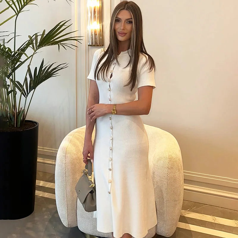 Glorol - Elegant Single Breasted Patchwork Midi Dress