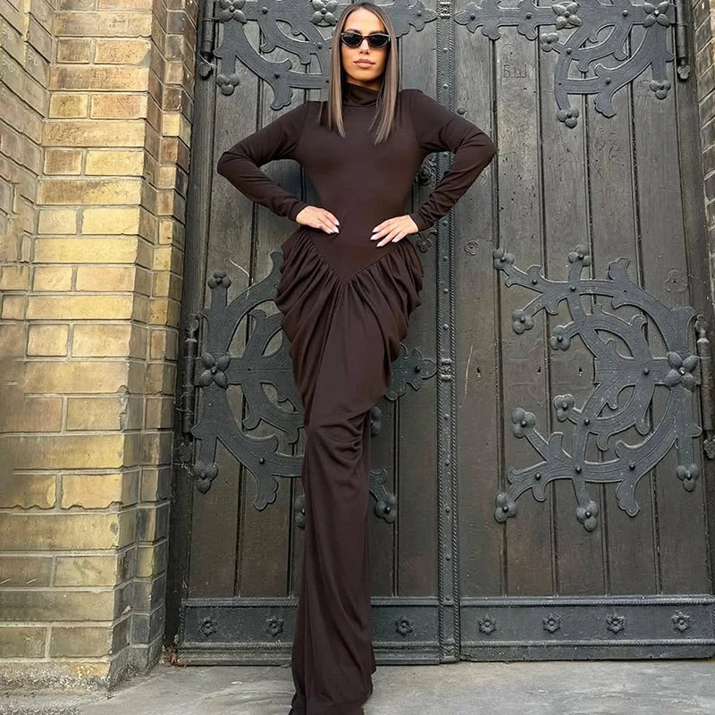 Glorol - Elegant High Neck High Waist Long Sleeve Maxi Dress