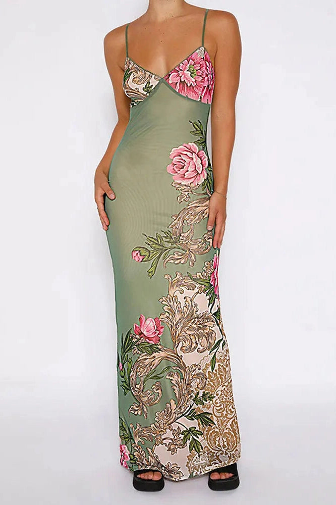Glorol - Printed Slim Spaghetti Strap Maxi Dress