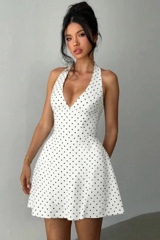 Glorol - Deep V Neck Sleeveless Backless High Waist A-Line Mini Dress