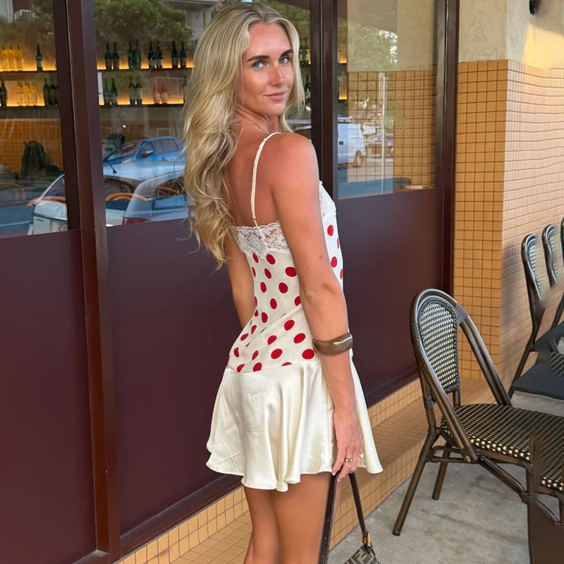 Glorol - Polka Dot Lace Slim Sleeveless Mini Dress