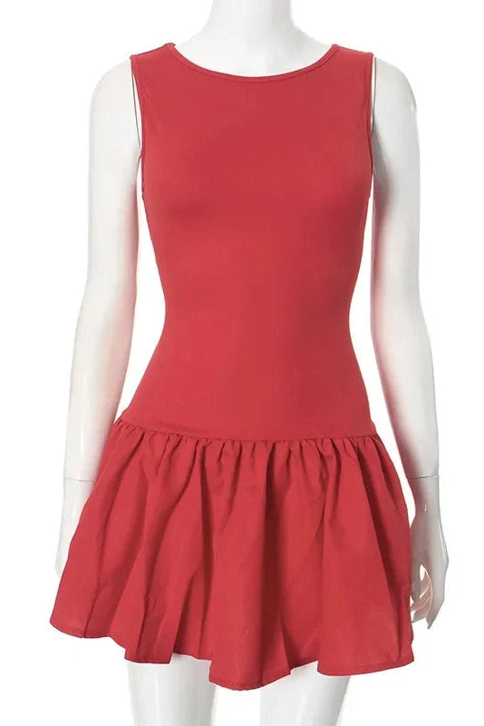 Glorol - Sleeveless Pleated High Waist Round Neck Slim Mini Dress