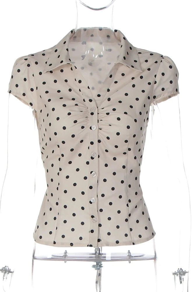 Glorol - Polka Dot Short Sleeve Single-Breasted Lace-Up Top