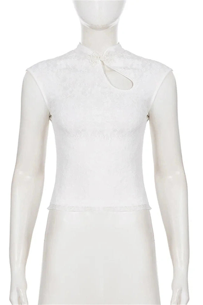 Glorol - Hollow Out Patchwork Short Sleeve Top