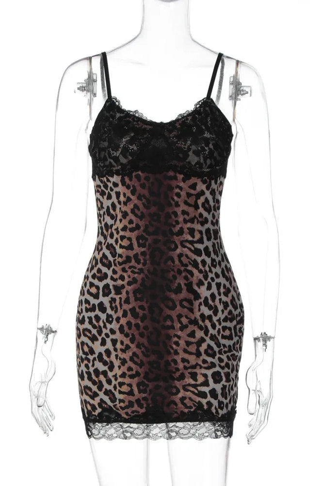 Glorol - Lace Printed Spaghetti Strap Sleeveless Backless Bodycon Mini Dress