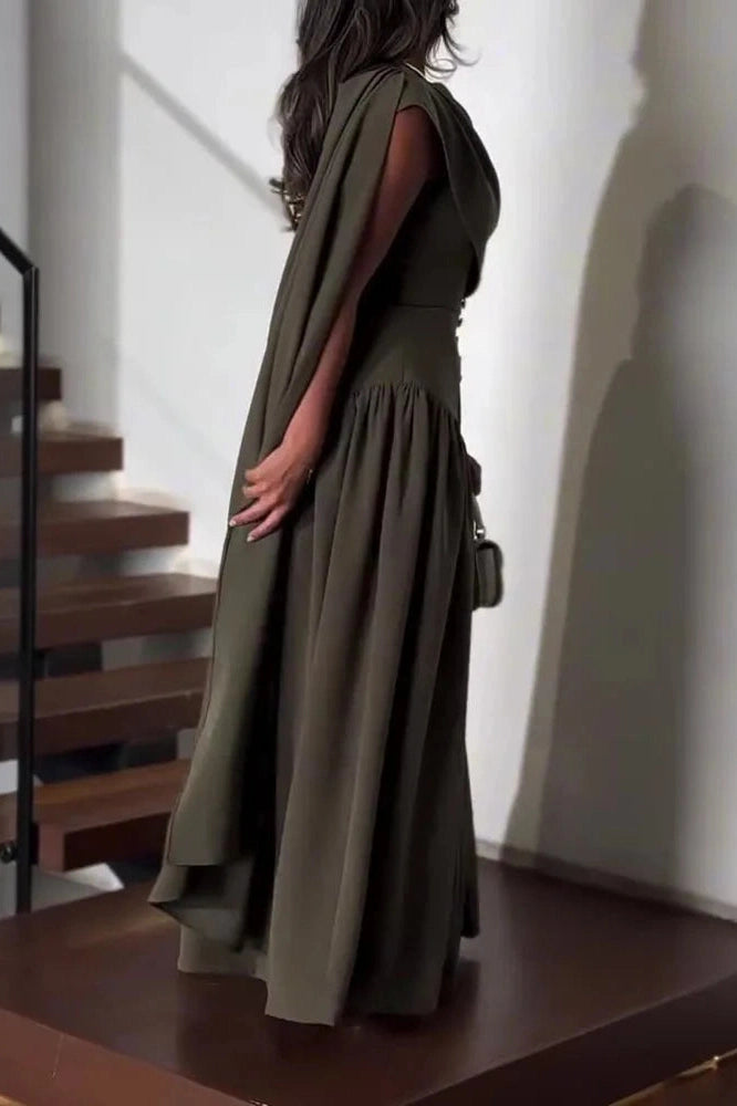 Glorol - Elegant Sleeveless Shawl Collar Pleat Maxi Dress