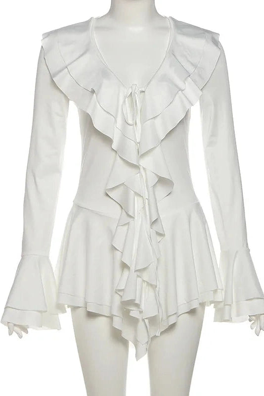 Glorol - Lace-Up Flare Sleeve V-Neck Slim High Waist Mini Dress