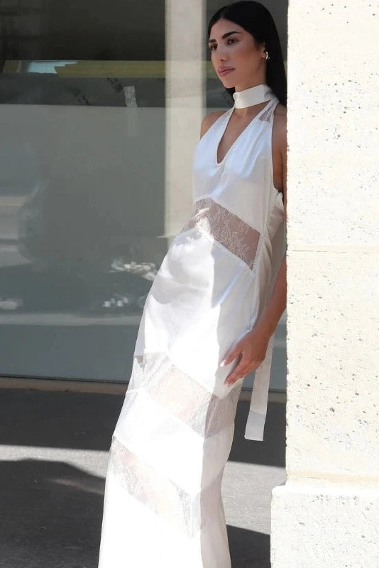Glorol - Hollow Lace Sleeveless Lace-Up V-Neck Maxi Dress