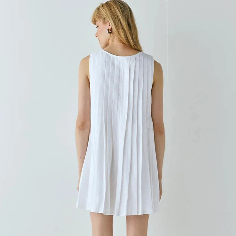 Glorol - Pleated O Neck Sleeveless Lace Up Mini Dress