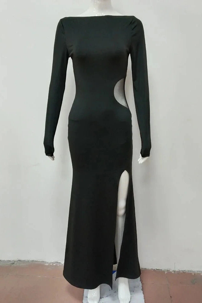Glorol - Hollow Out Long Sleeve O Neck High Split Bodycon Maxi Dress