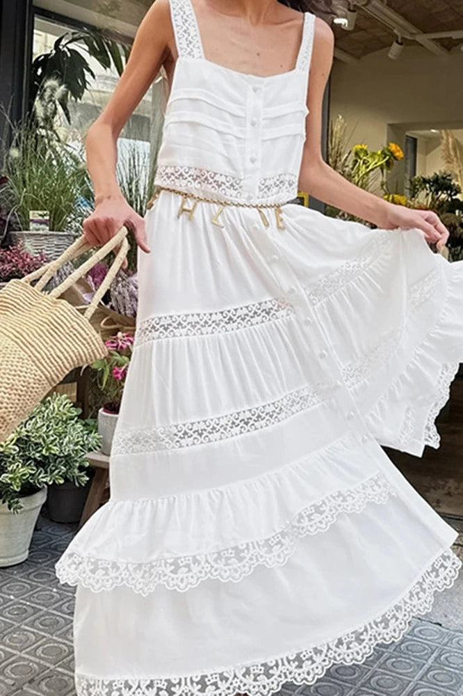 Glorol - Hollow Out High Waist Lace Sleeveless Pleated Maxi Dress