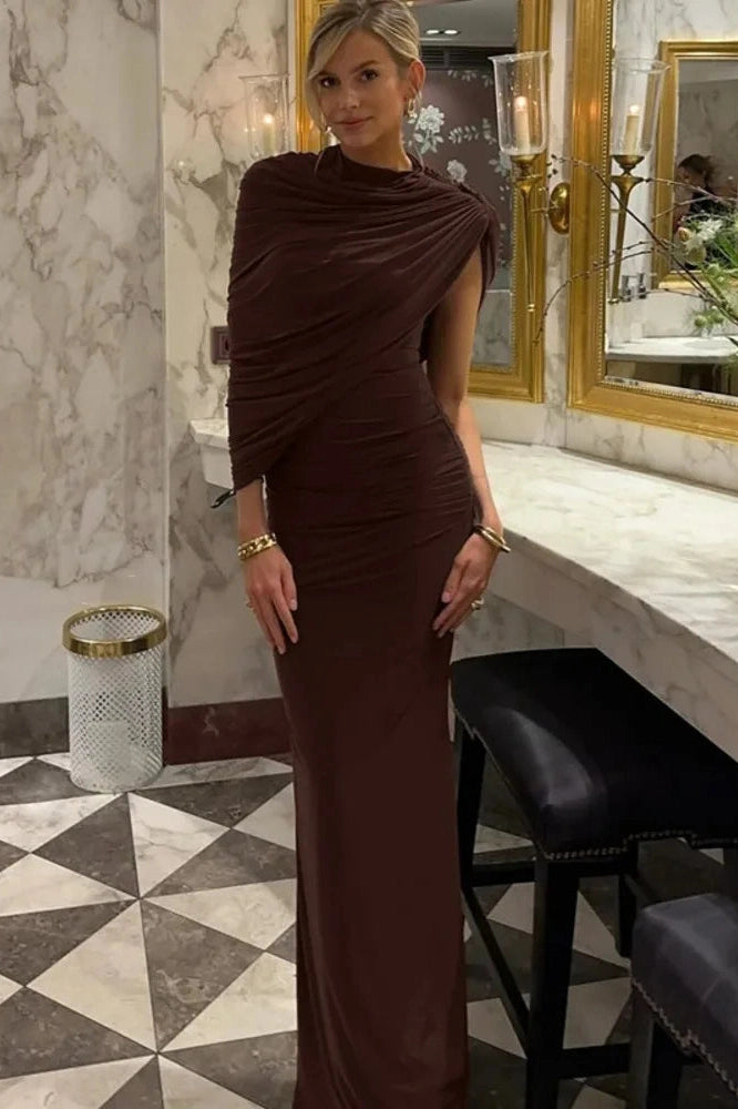 Glorol - Inclined Shoulder Pleated Irregular Maxi Dress
