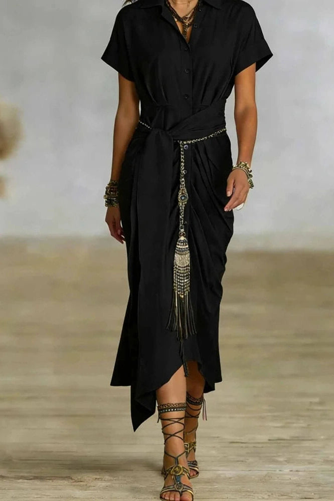 Glorol - Elegant Pleated Lace Up Short Sleeve Midi Dress