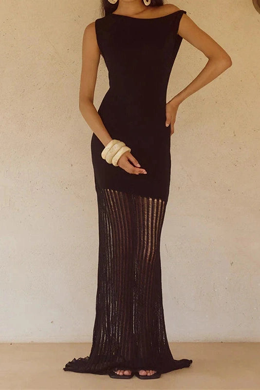 Glorol - Knitted Slash Collar High Waist Slim Maxi Dress