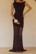 Glorol - Knitted Slash Collar High Waist Slim Maxi Dress