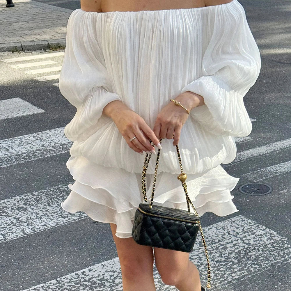 Glorol - One Shoulder Pleated Long Sleeve Mini Dress