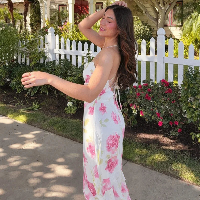 Glorol - Printed Lace-Up Backless Patchwork Maxi Dress