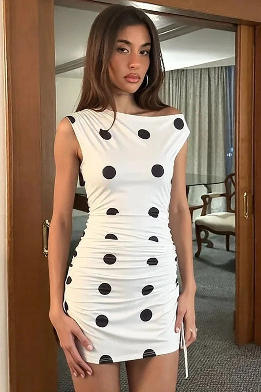 Glorol - Elegant Polka Dot Print Slim Lace-Up Mini Dress