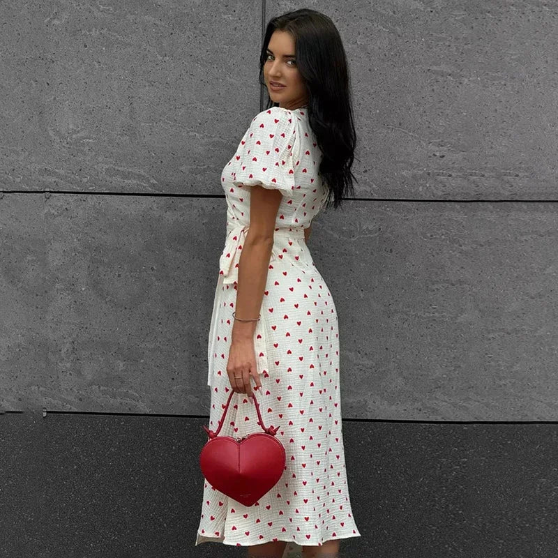 Glorol - Printed V Neck High Waist Lace Up Midi Dress