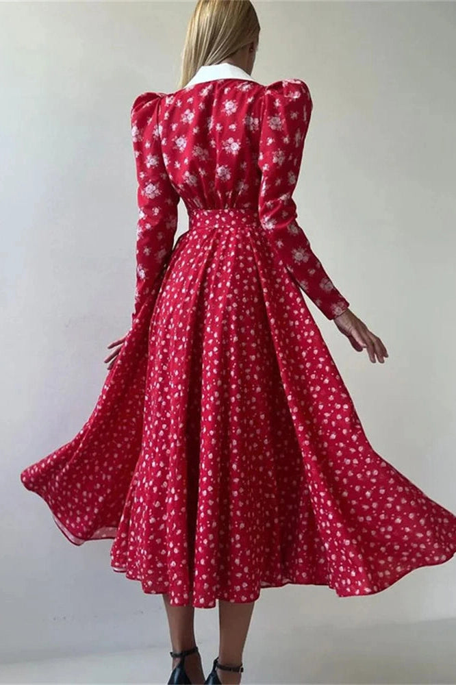 Glorol - Printed V-Neck Patchwork Long Sleeve High Waist Midi Dress