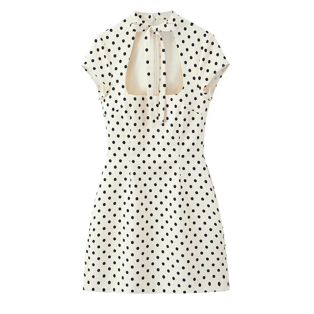 Glorol - Elegant Polka Dot Lace-Up Hollow Out Mini Dress