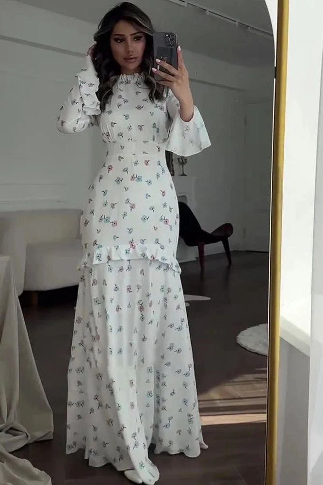 Glorol - Printed Long Sleeve Slim Fit Lace Maxi Dress