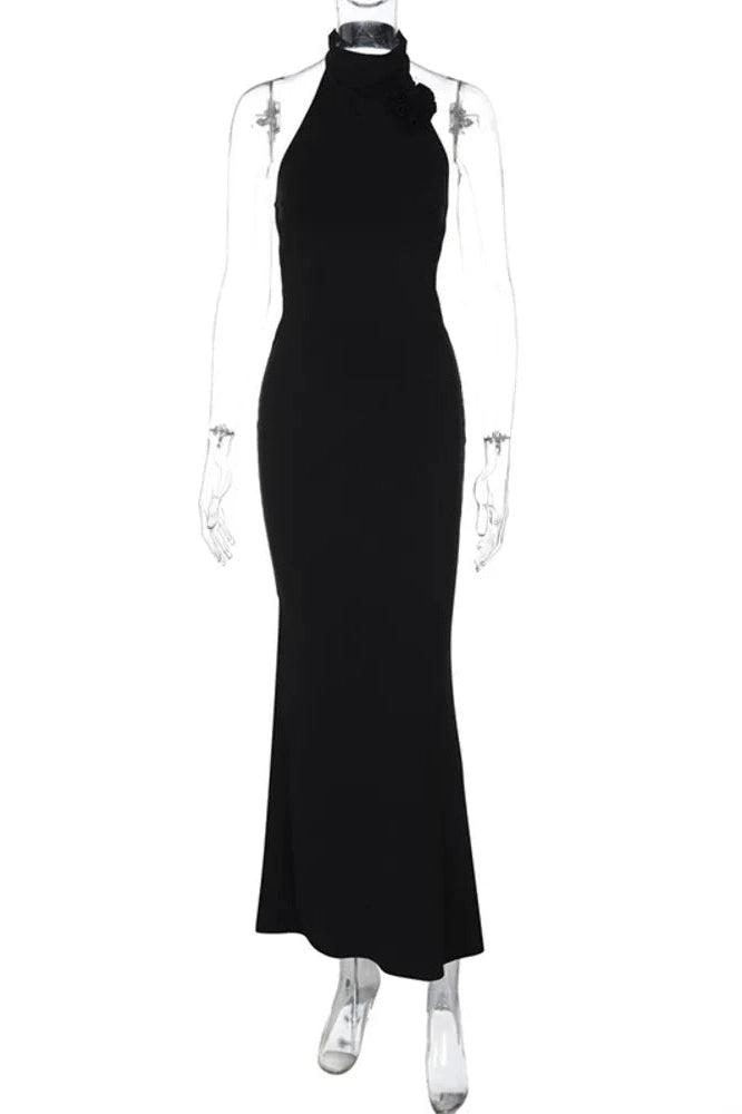 Glorol - Flower Sleeveless Halter Backless Bodycon Maxi Dress