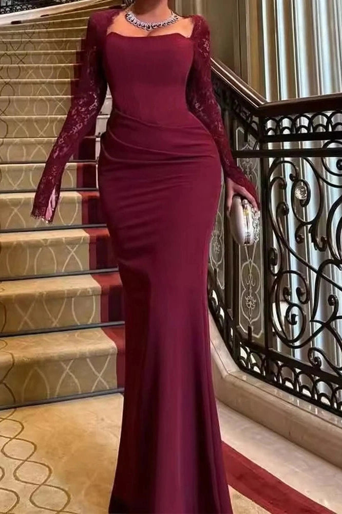 Glorol - Long Sleeve Pleated Bodycon Square Collar Lace Slim Maxi Dress
