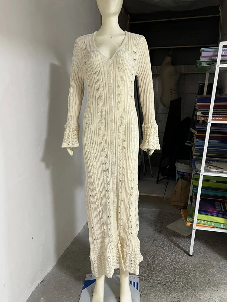 Glorol - Hollow Knitted Long Sleeve Maxi Dress