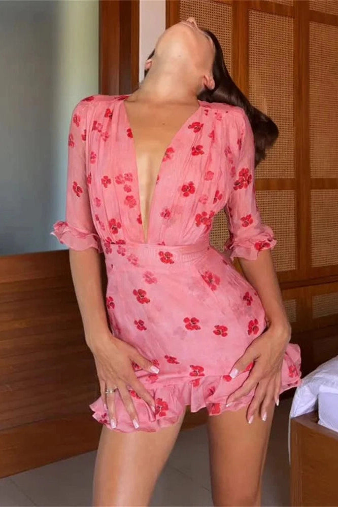 Glorol - Printed V-Neck Patchwork Short Sleeve Bodycon Mini Dress