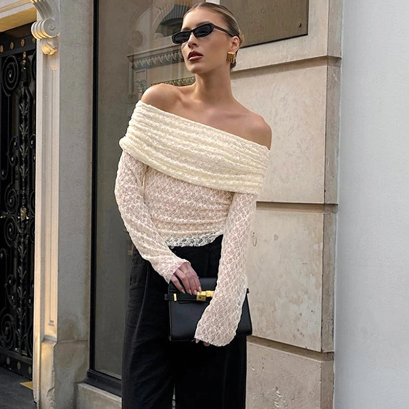 Glorol - Off-Shoulder Knitted Long-Sleeve Slim Top