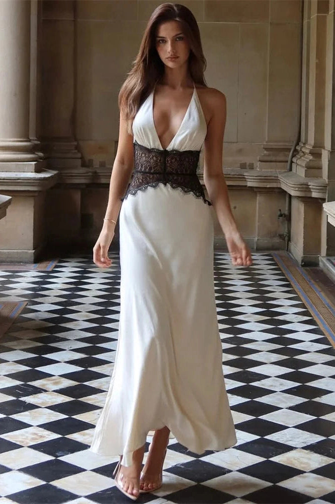 Glorol - Hollow Out Lace V-Neck Backless High Waist Slim Maxi Dress