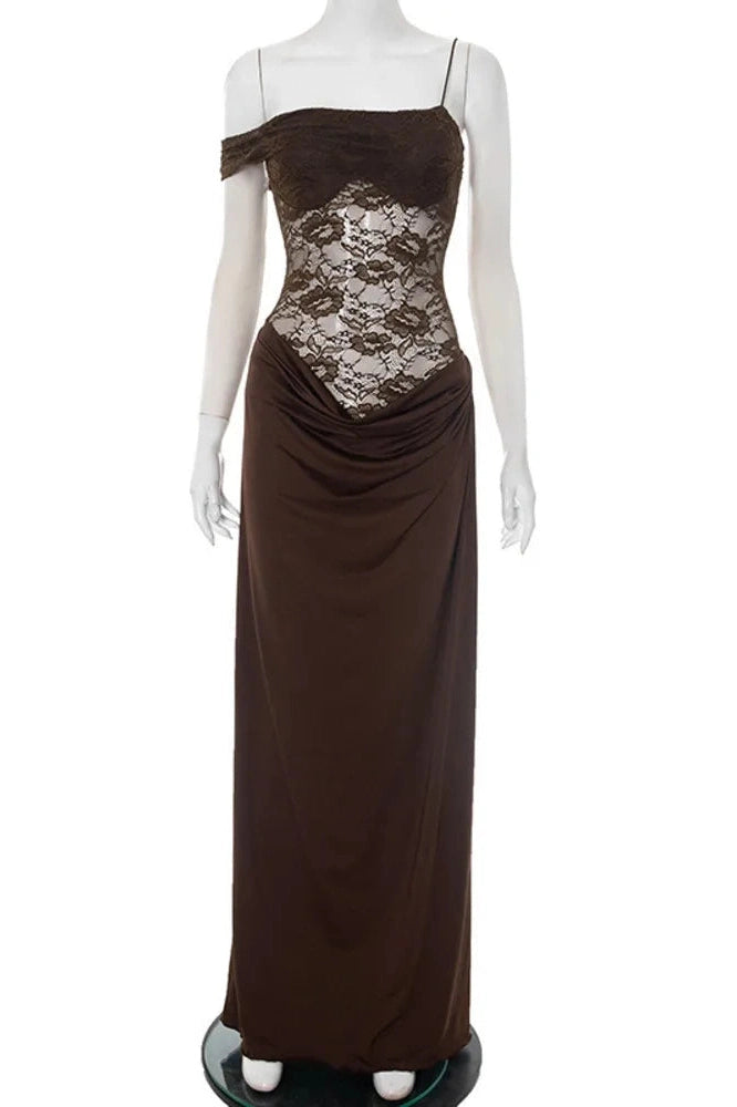 Glorol - Off-Shoulder Lace See Through Sleeveless Backless Maxi Dress
