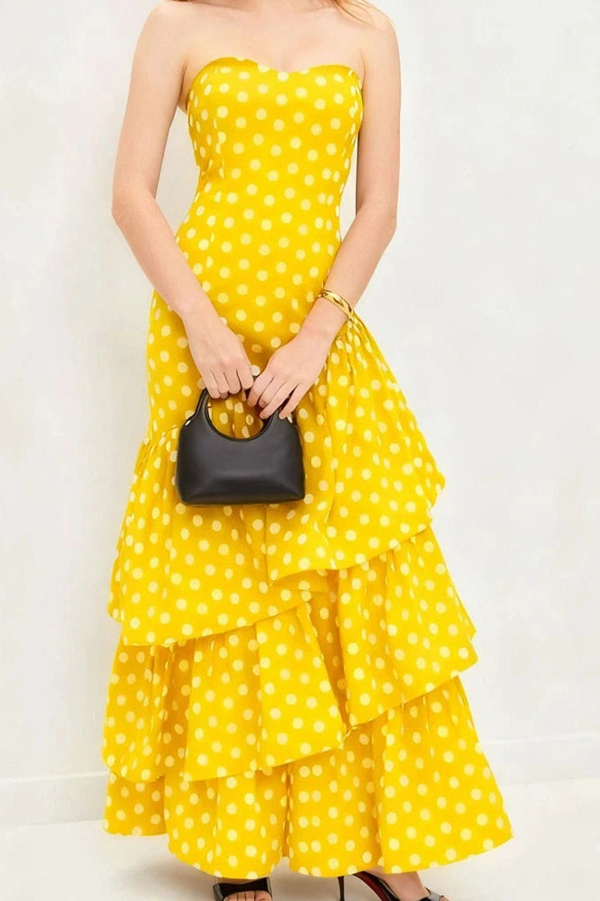 Glorol - Elegant Off Shoulder High Waist Polka Dot Print Maxi Dress