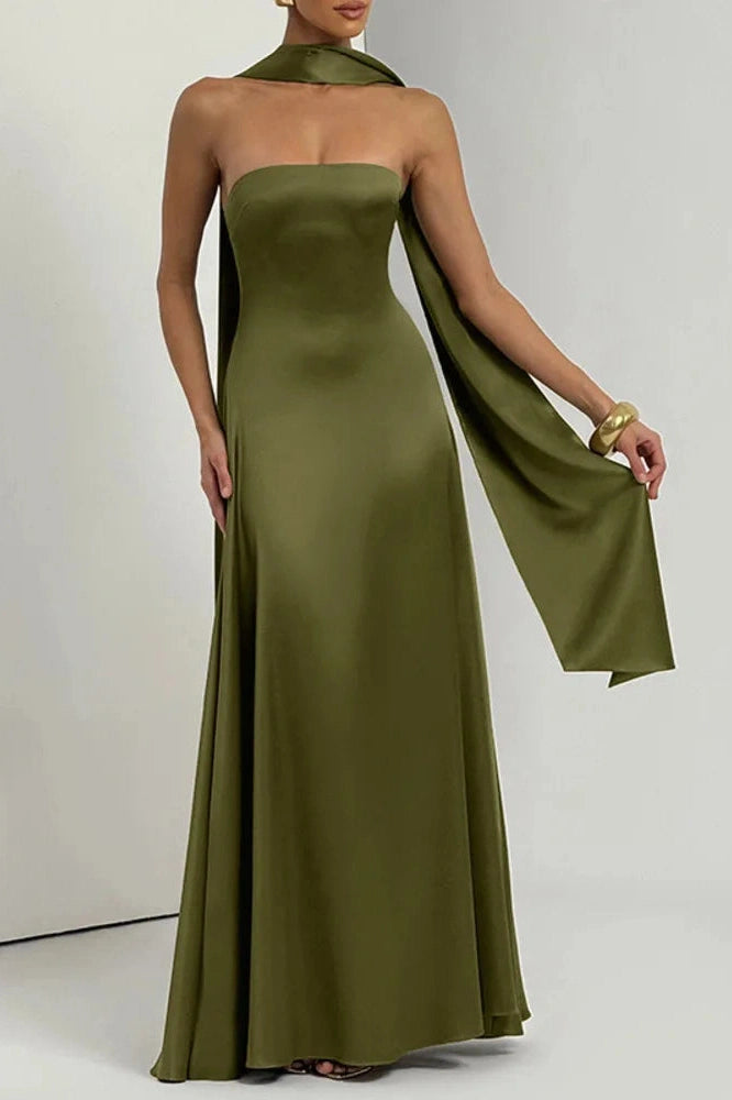 Glorol - Off-Shoulder Strapless Scarf Collar Sleeveless Backless Bodycon Maxi Dress