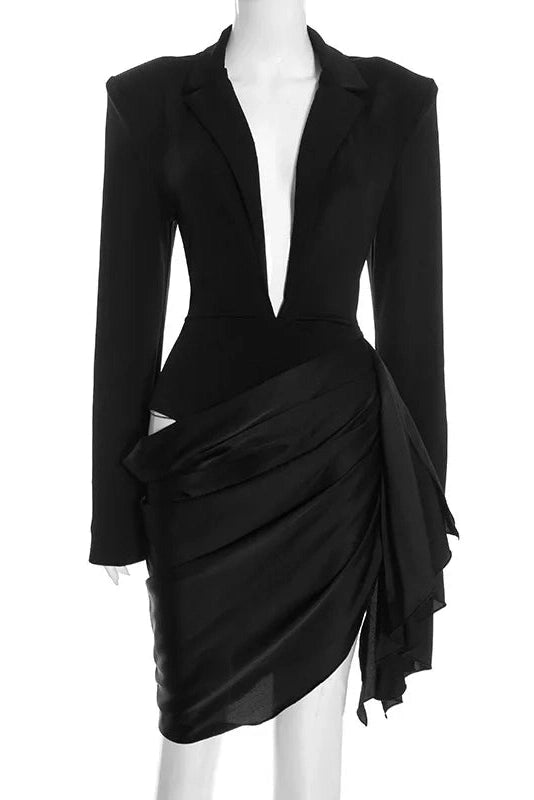 Glorol - Elegant Deep V-Neck Long-Sleeved High Waist Mini Dress