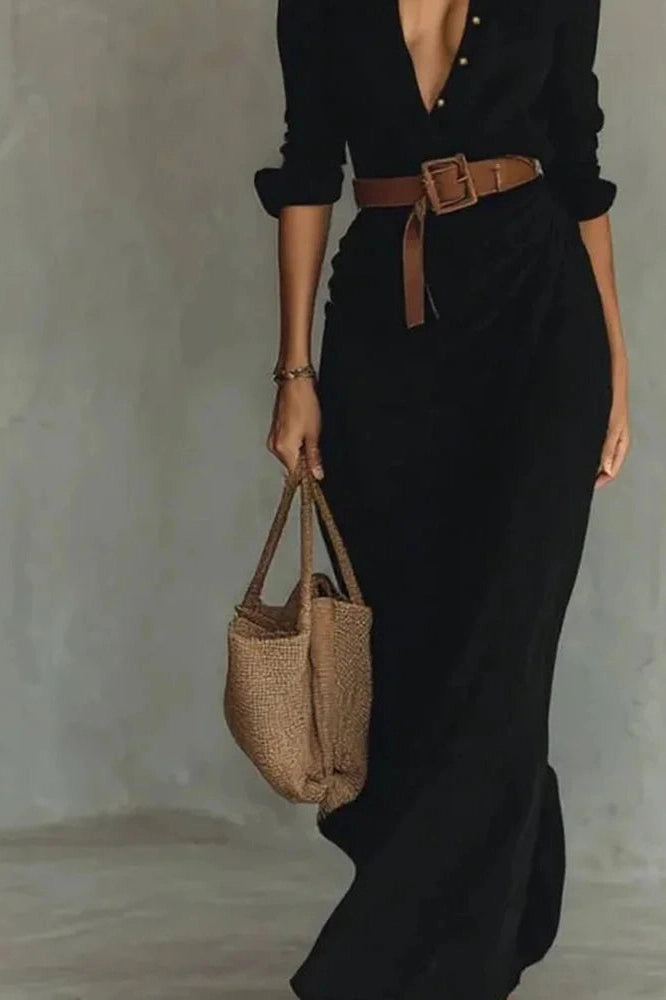 Glorol - Elegant Long Sleeve High Waist Single Breasted Maxi Dress