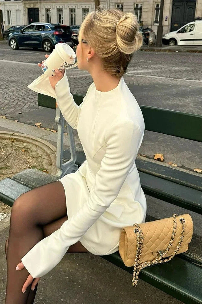 Glorol - Elegant Long Sleeve Slim A-Line High Waist Mini Dress