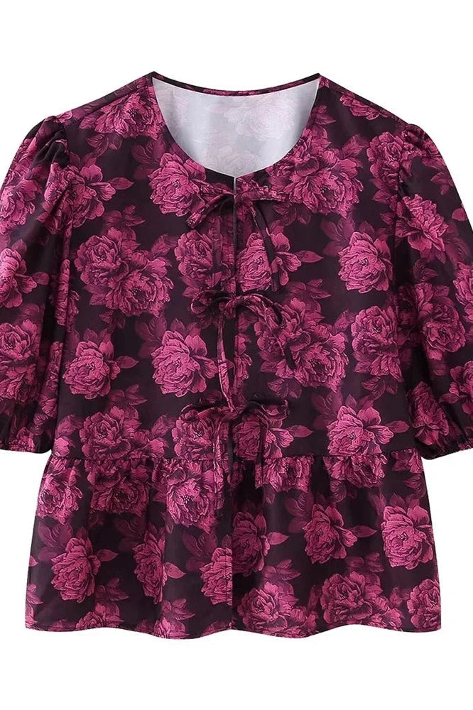 Glorol - Hollow Out Printed Short Sleeve Lace-Up Slim Top