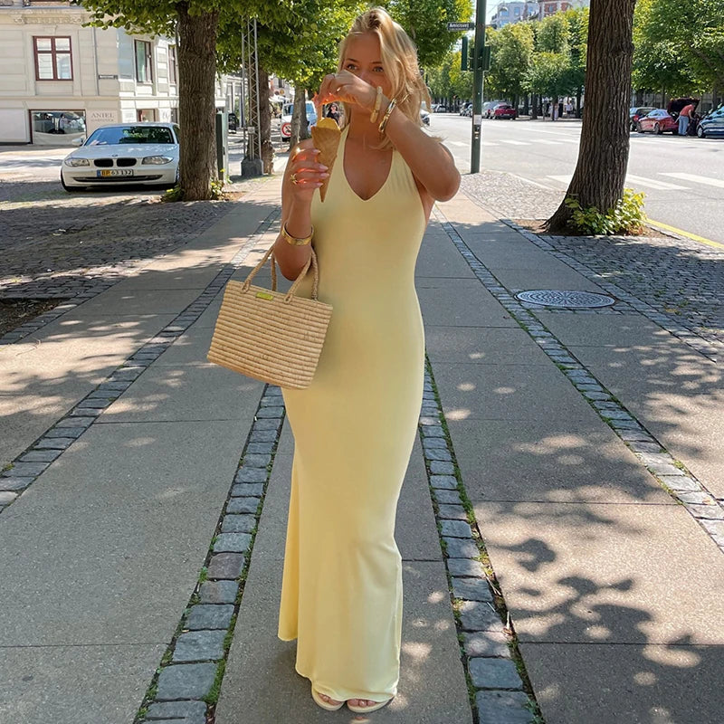 Glorol - Deep V-Neck High Waisted Backless Maxi Dress