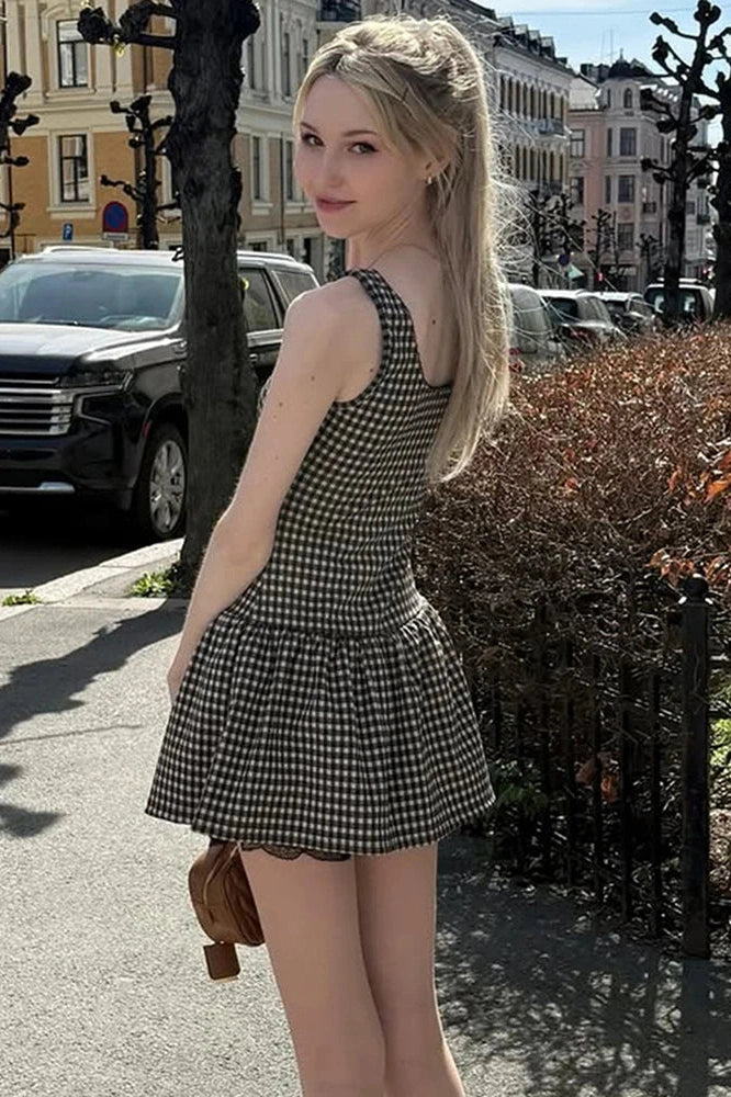 Glorol - Plaid Printed Square Collar A-Line Sleeveless High Waist Mini Dress
