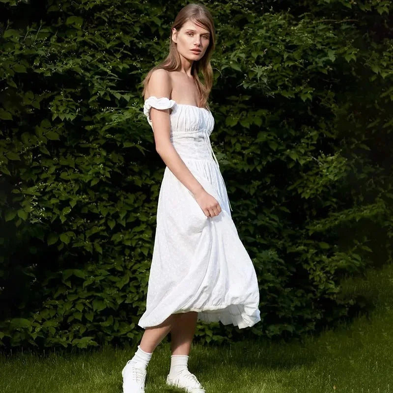 Glorol - Off Shoulder Lace Up Backless Sleeveless Maxi Dress