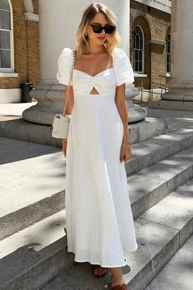 Glorol - Hollow Out Cotton Square Collar Puff Sleeve Slim A-Line Maxi Dress