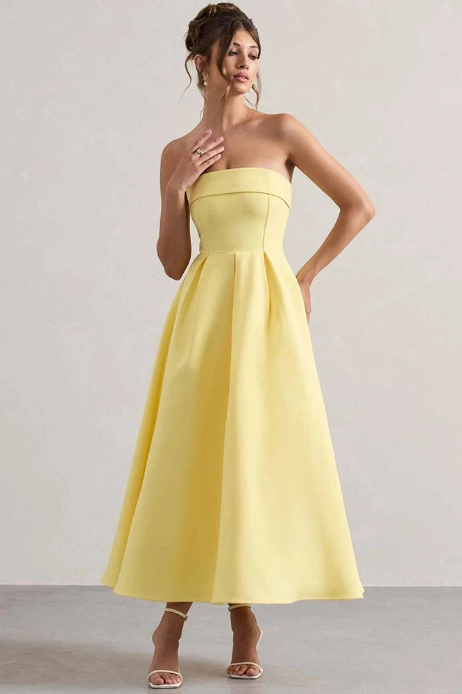 Glorol - Off-Shoulder Strapless Sleeveless Backless High Waist A-Line Midi Dress