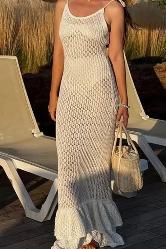 Glorol - Hollow Out Lace-Up High Waist Slim Backless Maxi Dress