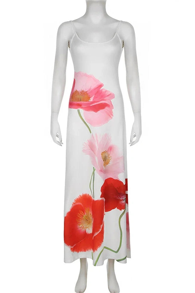Glorol - Printed Spaghetti Straps Backless Maxi Dress