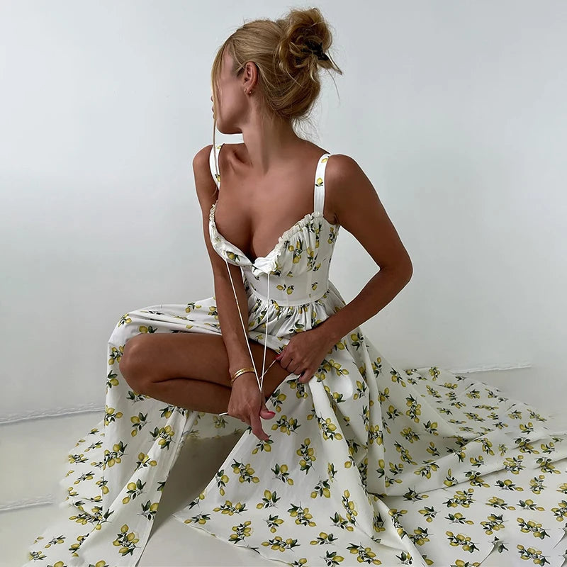 Glorol - Printed Lace Up High Waist Maxi Dress