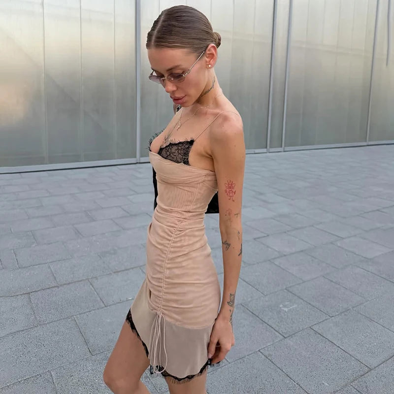 Glorol - Lace Spaghetti Strap Slim Pleated Mini Dress