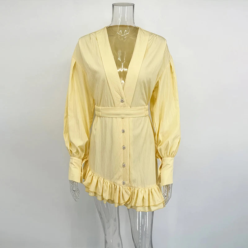 Glorol - Deep V Neck Loose Lantern Sleeve Irregular Mini Dress