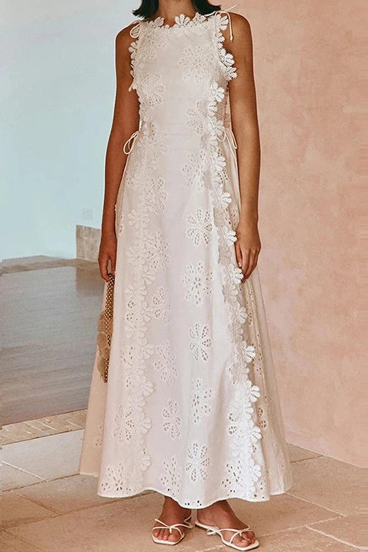 Glorol - Elegant Hollow Out Lace Embroidery Sleeveless Maxi Dress